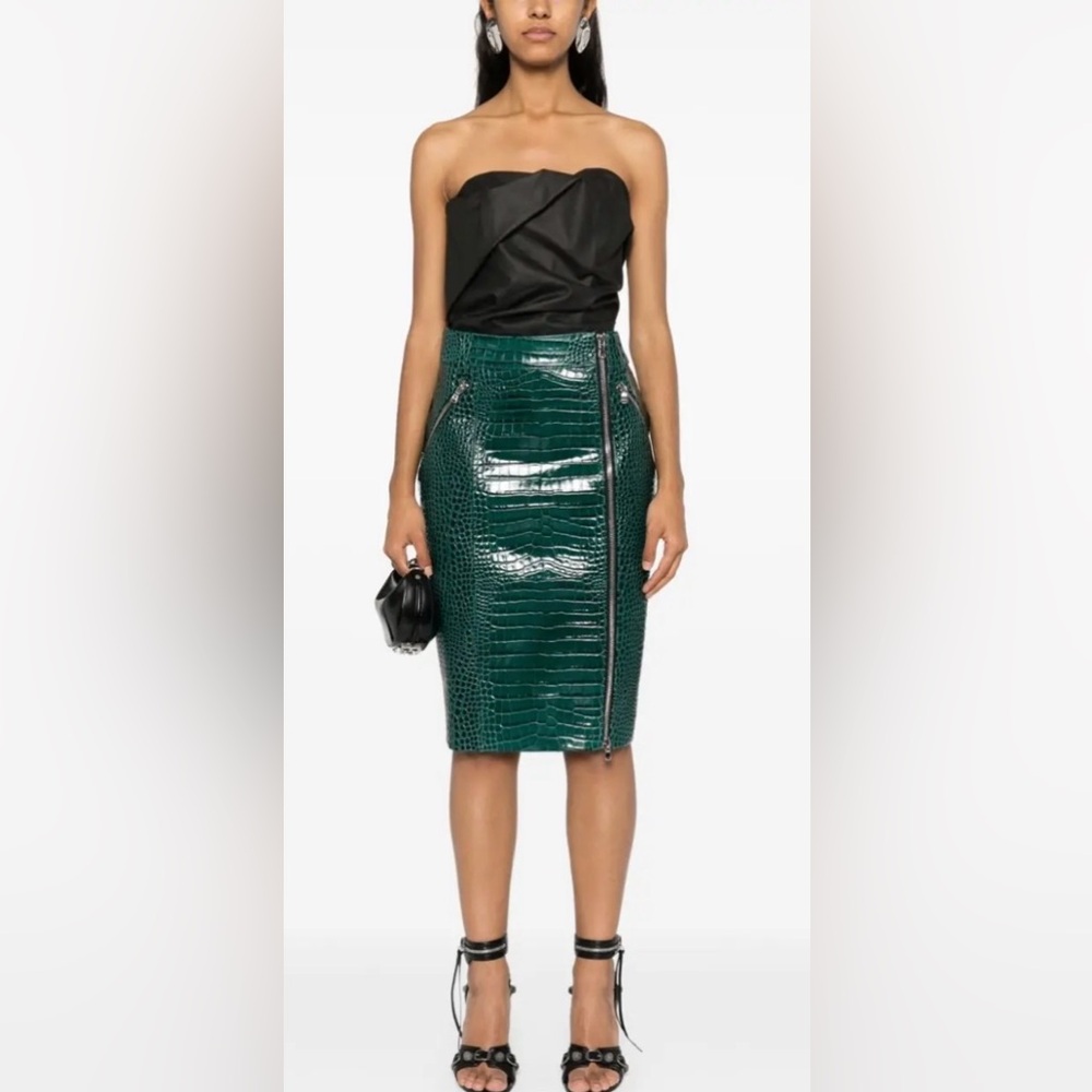LaQuan Smith Emerald Green Croc-Embossed Pencil Skirt NWT